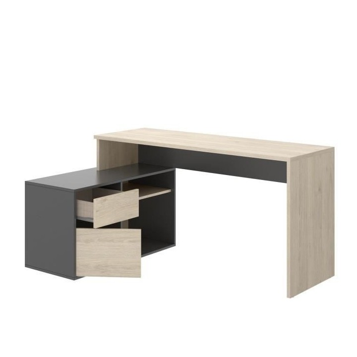 Bureau d'angle reversible 1 tiroir + 1 porte - Décor chene et gris -