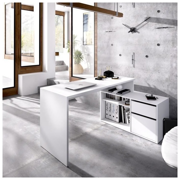Bureau d'angle reversible 1 tiroir + 1 porte - Blanc - L 139 x P 92 x