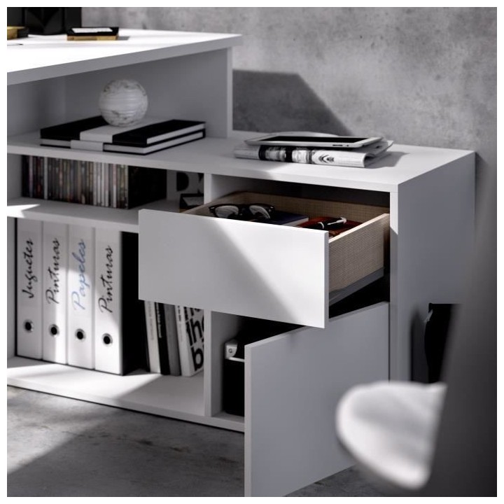 Bureau d'angle reversible 1 tiroir + 1 porte - Blanc - L 139 x P 92 x
