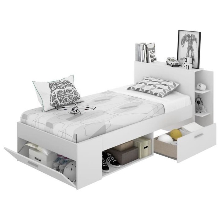 SAX Lit enfant 90x190 cm multiples rangements - Décor blanc