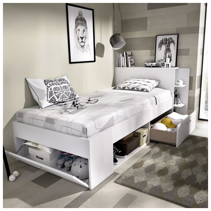 SAX Lit enfant 90x190 cm multiples rangements - Décor blanc