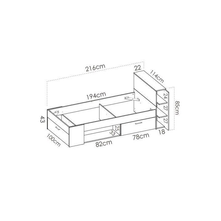 SAX Lit enfant 90x190 cm multiples rangements - Décor blanc