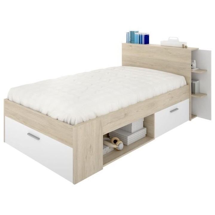 SAX Lit enfant multiples rangements - Décor Chene et blanc - 90 x 190
