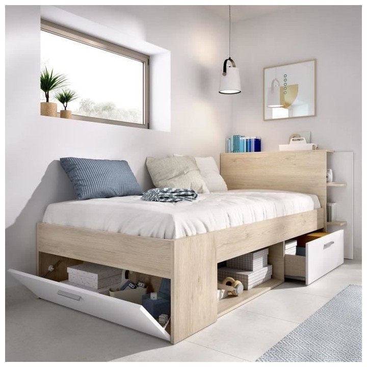SAX Lit enfant multiples rangements - Décor Chene et blanc - 90 x 190