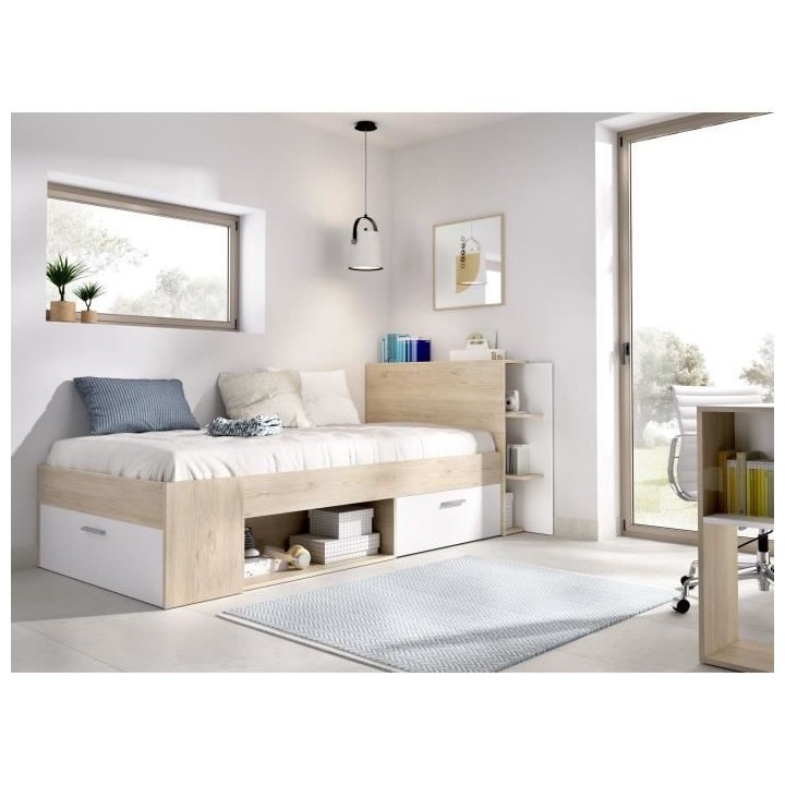 SAX Lit enfant multiples rangements - Décor Chene et blanc - 90 x 190