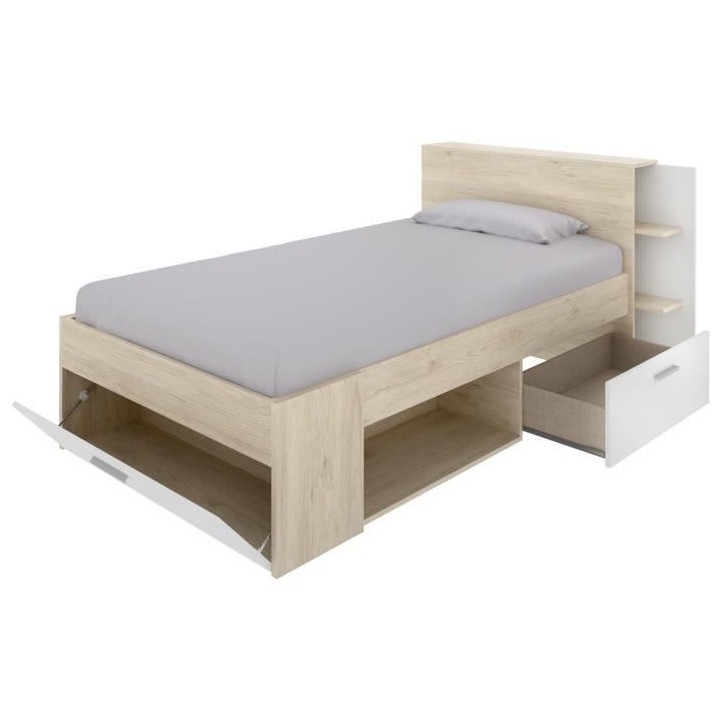 SAX Lit enfant multiples rangements - Décor Chene et blanc - 90 x 190