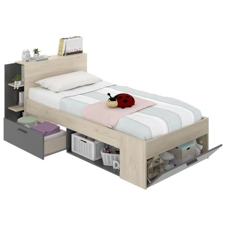 SAX Lit enfant multiples rangements - Décor Chene et anthracite - 90