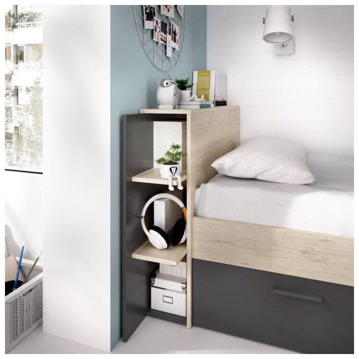 SAX Lit enfant multiples rangements - Décor Chene et anthracite - 90