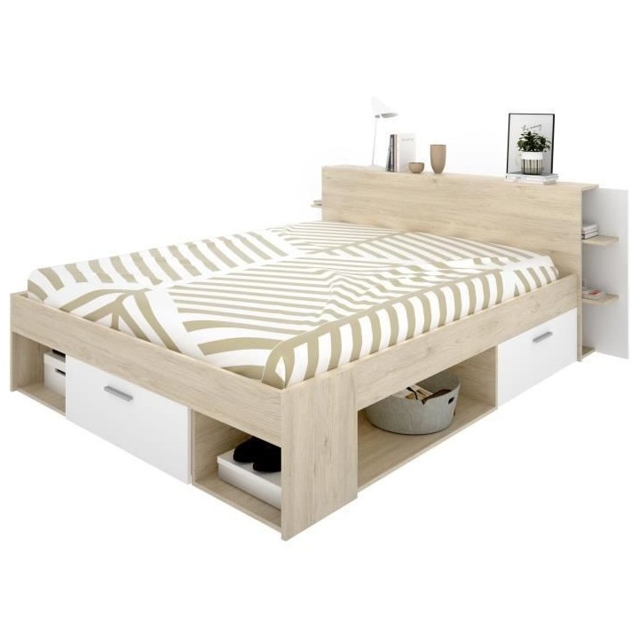 SAX Lit adulte - 140x190 cm - 3 tiroirs + Tete de lit avec rangement -