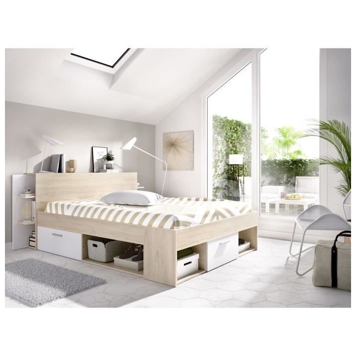SAX Lit adulte - 140x190 cm - 3 tiroirs + Tete de lit avec rangement -