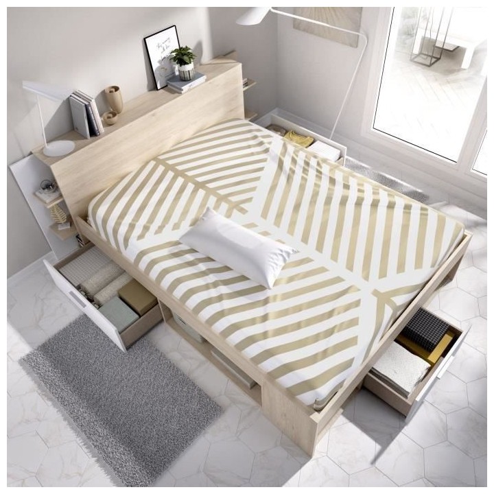 SAX Lit adulte - 140x190 cm - 3 tiroirs + Tete de lit avec rangement -