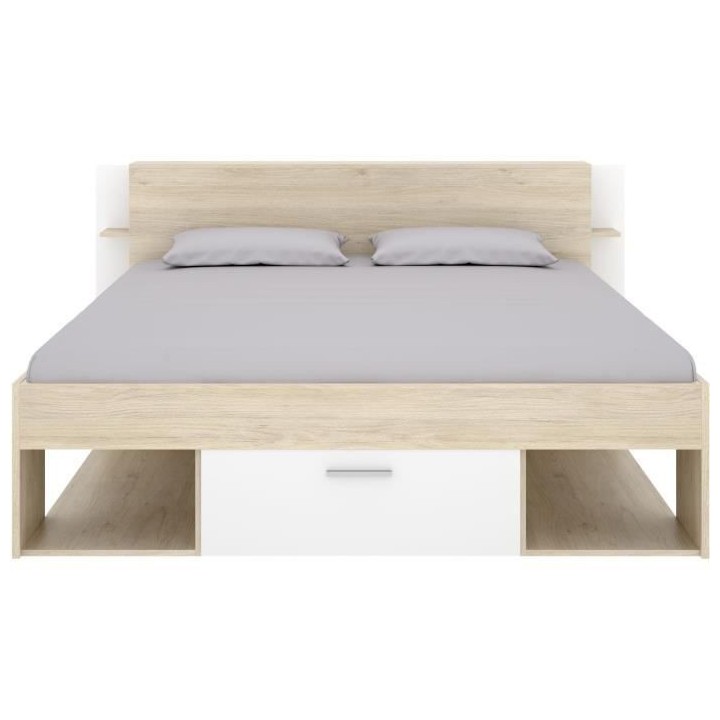 SAX Lit adulte - 140x190 cm - 3 tiroirs + Tete de lit avec rangement -