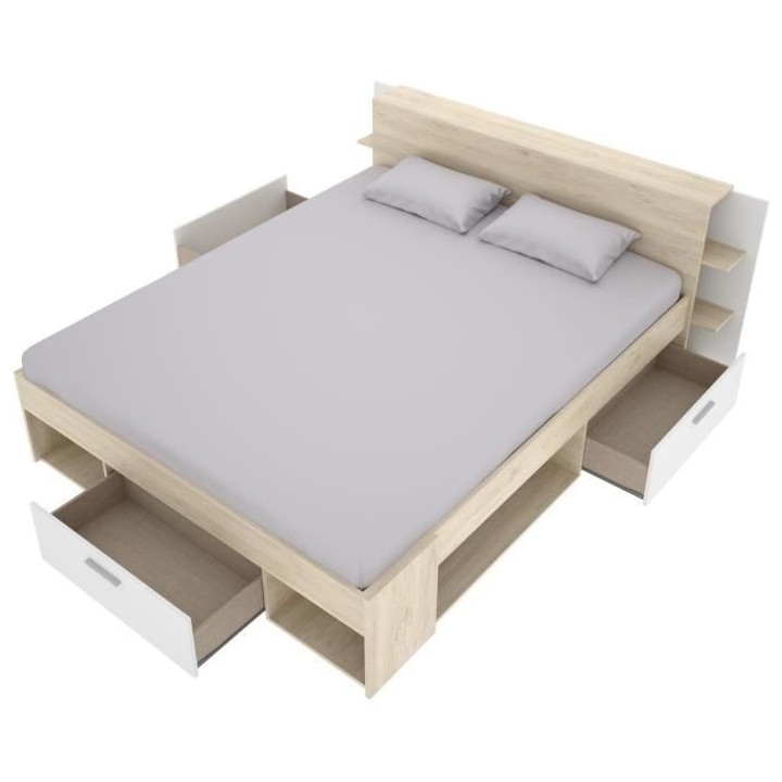 SAX Lit adulte - 140x190 cm - 3 tiroirs + Tete de lit avec rangement -