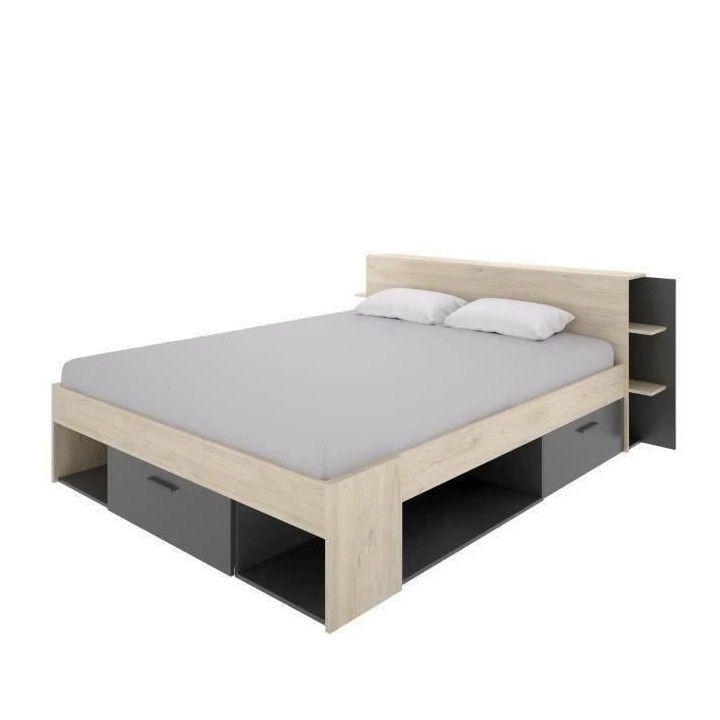SAX Lit adulte - 160x200 cm - 3 tiroirs + Tete de lit avec rangement -