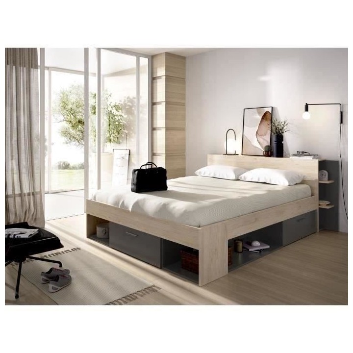 SAX Lit adulte - 160x200 cm - 3 tiroirs + Tete de lit avec rangement -
