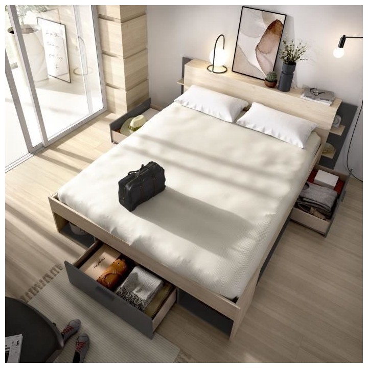 SAX Lit adulte - 160x200 cm - 3 tiroirs + Tete de lit avec rangement -