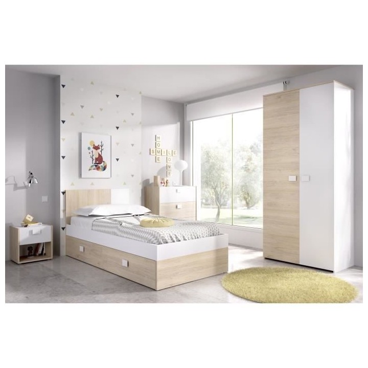 DINA Lit enfant 90x190 cm - Décor Blanc et chene