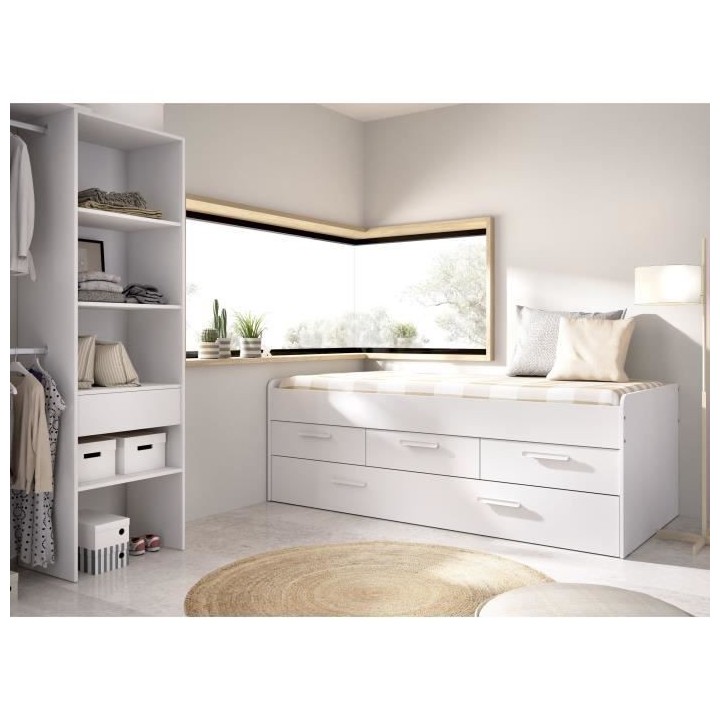 LEKA Lit enfant gigogne - 2 x 90 x 190 - 3 tiroirs - Mélaminé blanc