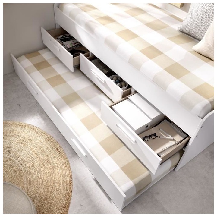 LEKA Lit enfant gigogne - 2 x 90 x 190 - 3 tiroirs - Mélaminé blanc