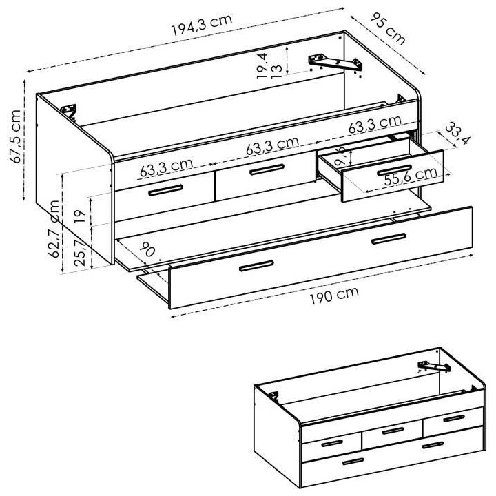LEKA Lit enfant gigogne - 2 x 90 x 190 - 3 tiroirs - Mélaminé blanc