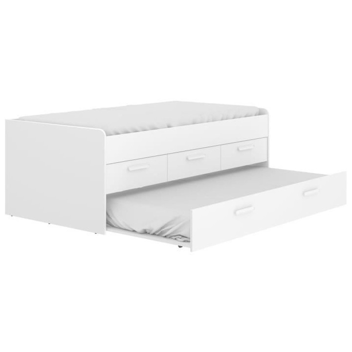 LEKA Lit enfant gigogne - 2 x 90 x 190 - 3 tiroirs - Mélaminé blanc