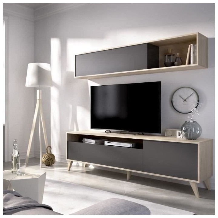 Meuble TV avec étagere murale - Décor chene et graphite - L 180 x P