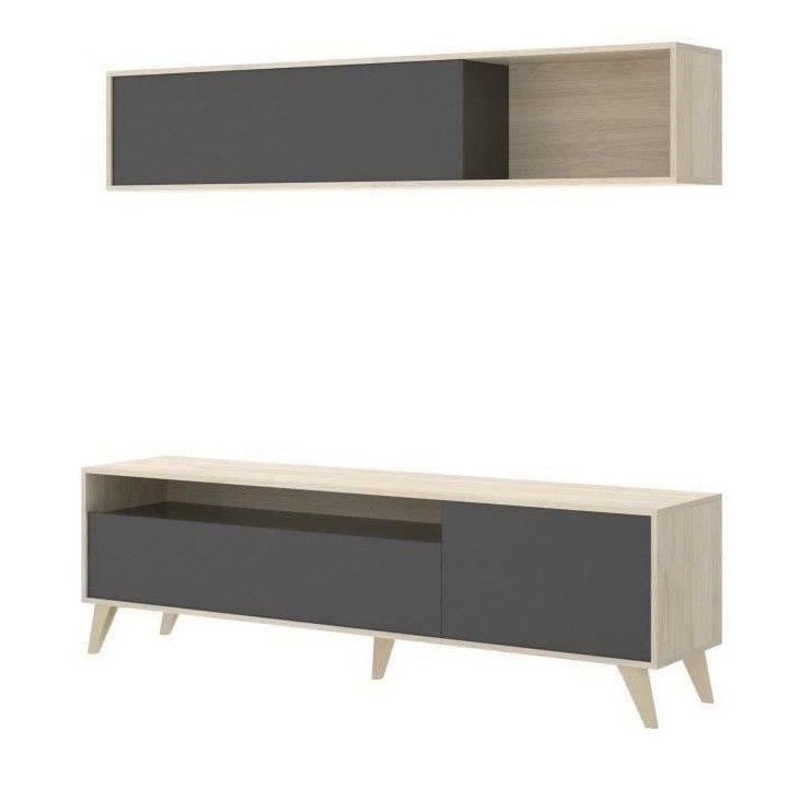 Meuble TV avec étagere murale - Décor chene et graphite - L 180 x P