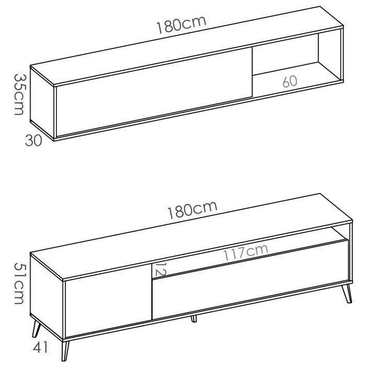 Meuble TV avec étagere murale - Décor chene et graphite - L 180 x P