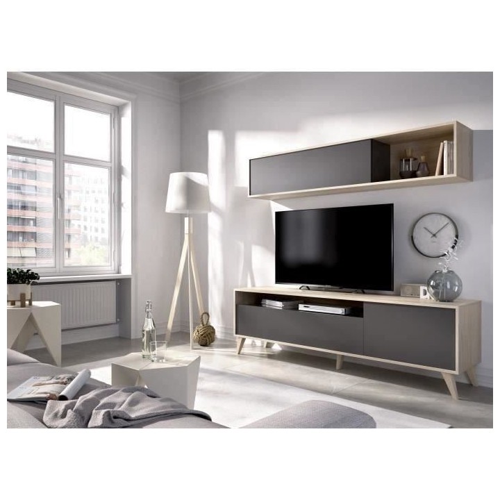 Meuble TV avec étagere murale - Décor chene et graphite - L 180 x P