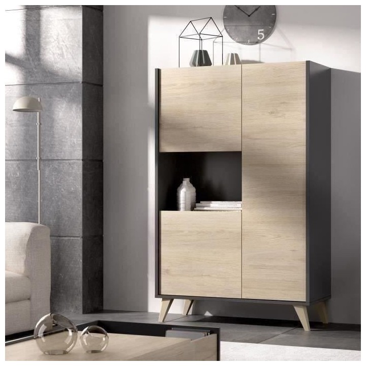 Buffet haut - Décor graphite et Chene - 3 portes + 1 niche - NESS - L