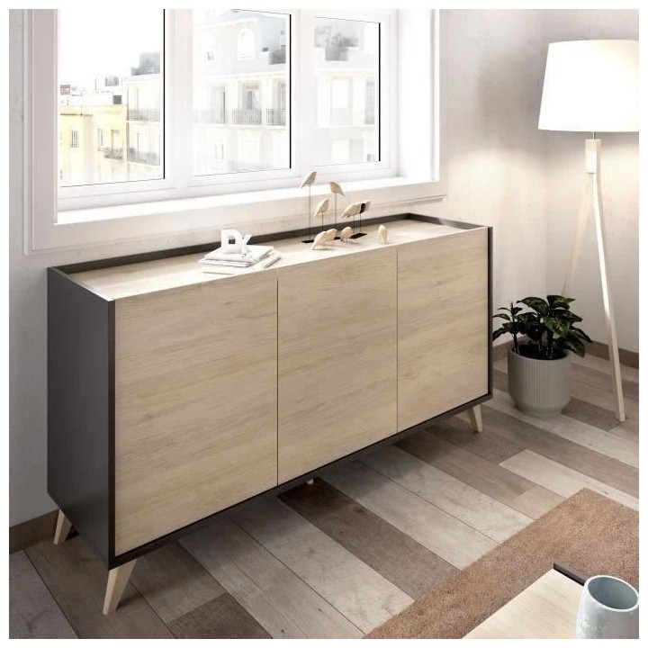 Buffet - Panneaux de particule - Bois clair et graphite - 3 portes - N