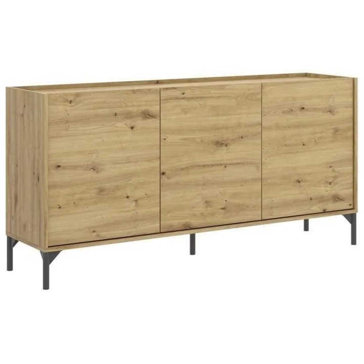 Buffet bas NESS - Mélamine Décor chene artisan - 3 Portes - L 155 x