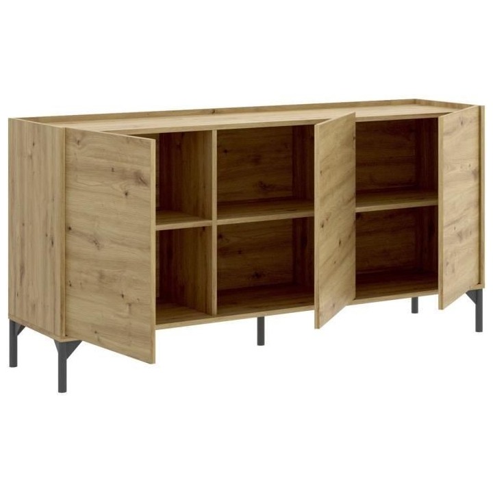 Buffet bas NESS - Mélamine Décor chene artisan - 3 Portes - L 155 x