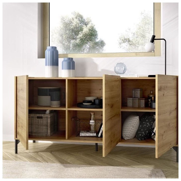 Buffet bas NESS - Mélamine Décor chene artisan - 3 Portes - L 155 x