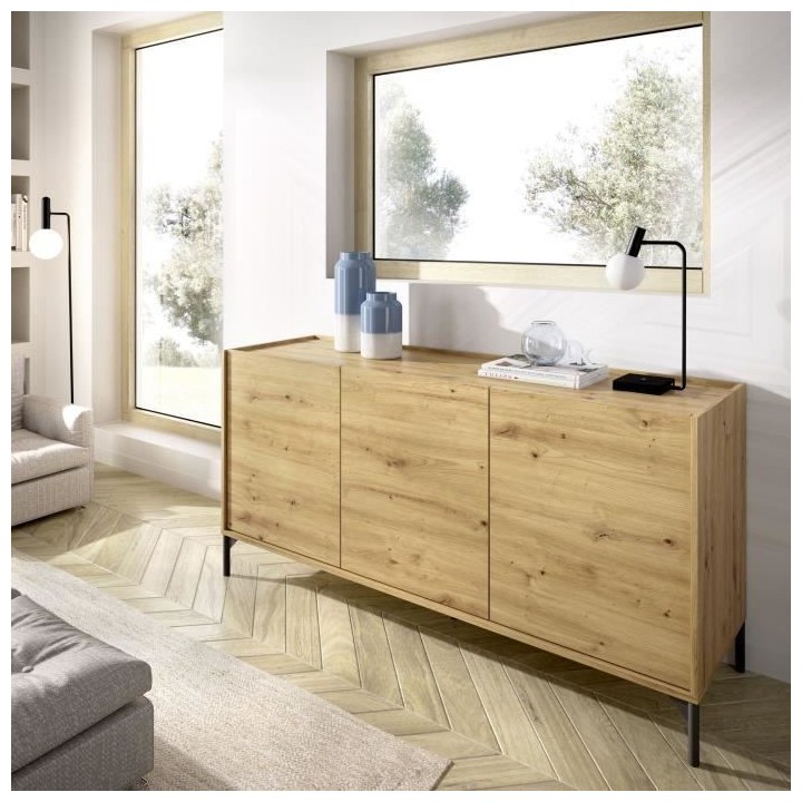 Buffet bas NESS - Mélamine Décor chene artisan - 3 Portes - L 155 x