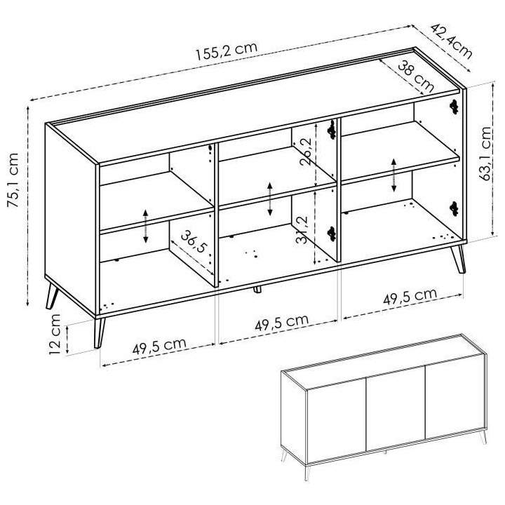 Buffet bas NESS - Mélamine Décor chene artisan - 3 Portes - L 155 x