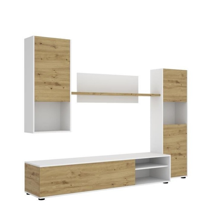 Meuble TV mural LUKA - Mélaminé blanc et chene artisan - 4 portes -