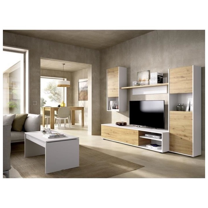 Meuble TV mural LUKA - Mélaminé blanc et chene artisan - 4 portes -