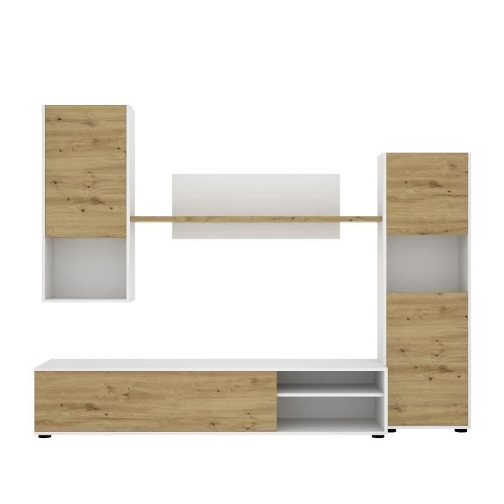 Meuble TV mural LUKA - Mélaminé blanc et chene artisan - 4 portes -