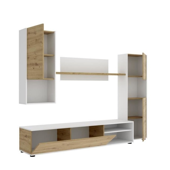Meuble TV mural LUKA - Mélaminé blanc et chene artisan - 4 portes -