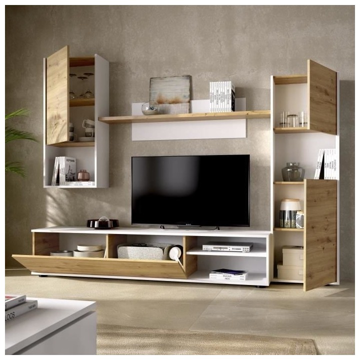 Meuble TV mural LUKA - Mélaminé blanc et chene artisan - 4 portes -