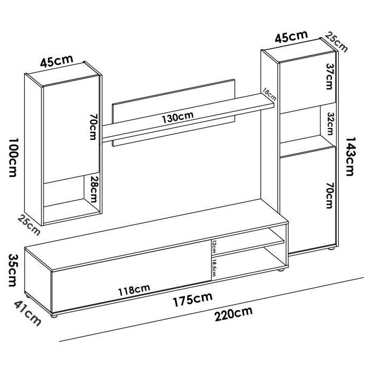 Meuble TV mural LUKA - Mélaminé blanc et chene artisan - 4 portes -