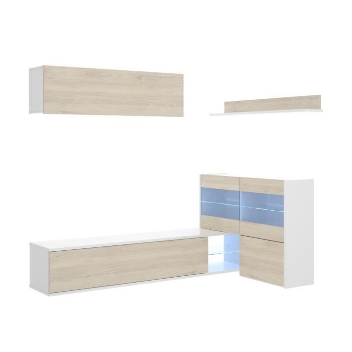 Ensemble meuble séjour living avec vitrine LED - Décor chene et blan