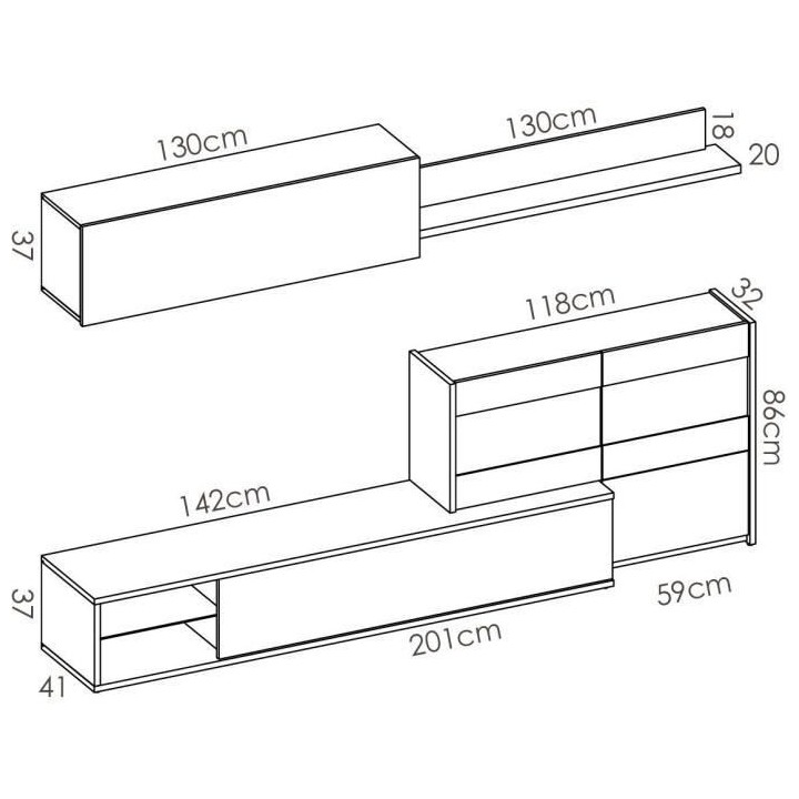 Ensemble meuble séjour living avec vitrine LED - Décor chene et blan