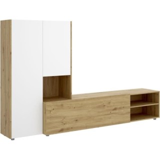 Meuble TV paroi murale - Mélaminé chene artisan et blanc mat - 3 por