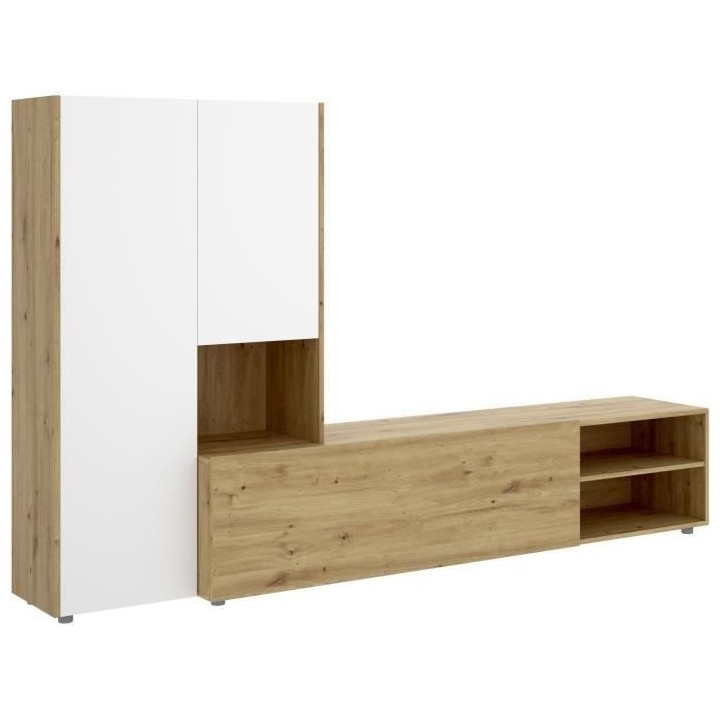 Meuble TV paroi murale - Mélaminé chene artisan et blanc mat - 3 por