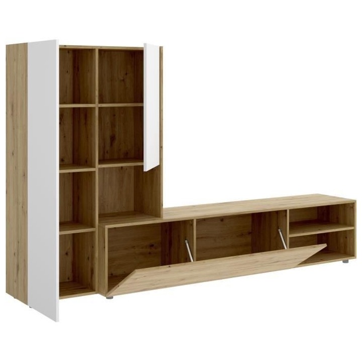 Meuble TV paroi murale - Mélaminé chene artisan et blanc mat - 3 por