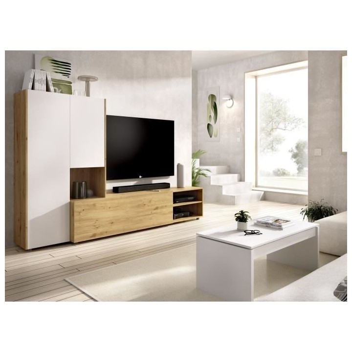 Meuble TV paroi murale - Mélaminé chene artisan et blanc mat - 3 por