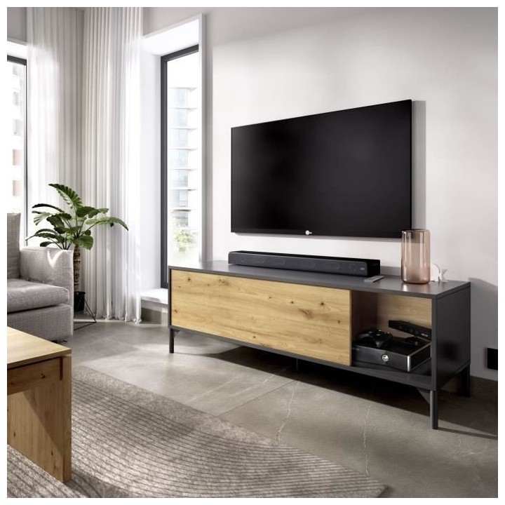 Meuble TV LAK - Mélaminé chene artisan et anthracite - 1 Porte - L 1