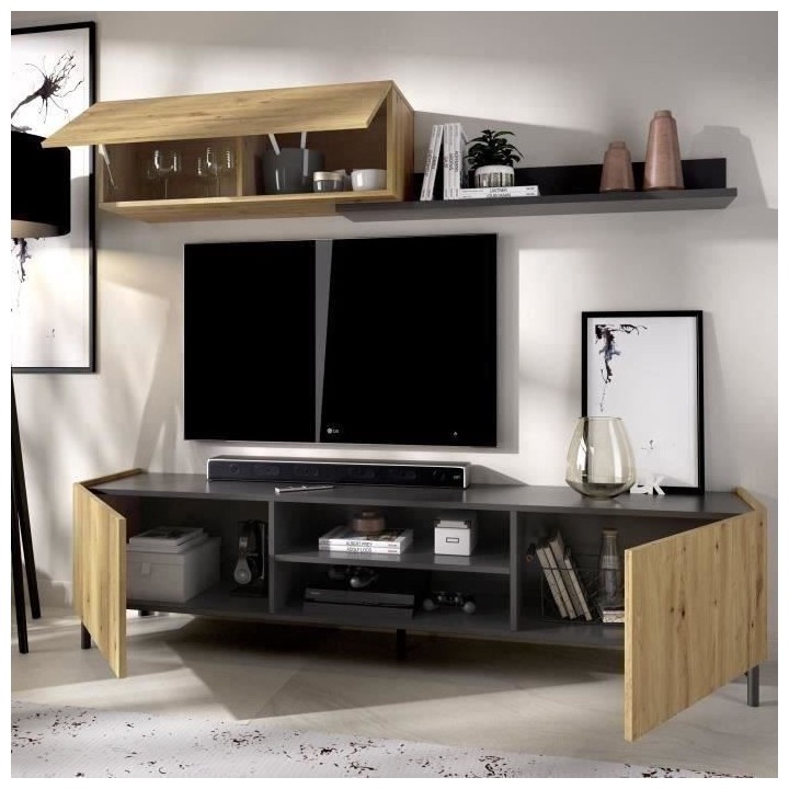 Meuble TV avec étagere murale - Décor chene Artisan et graphite - L